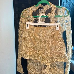 Gold/Tan Embroidered Blazer Short Set Size Small